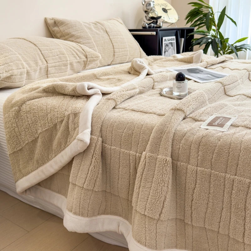 The Original Plush in Oat, across a made bed