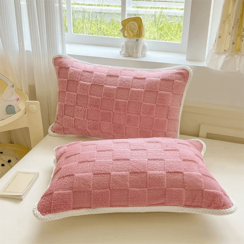 Plush Pillow Covers, pink pair on a bed