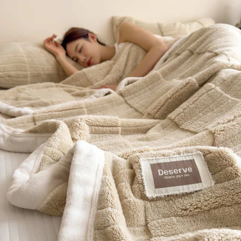 The Original Plush in Oat, on a bed